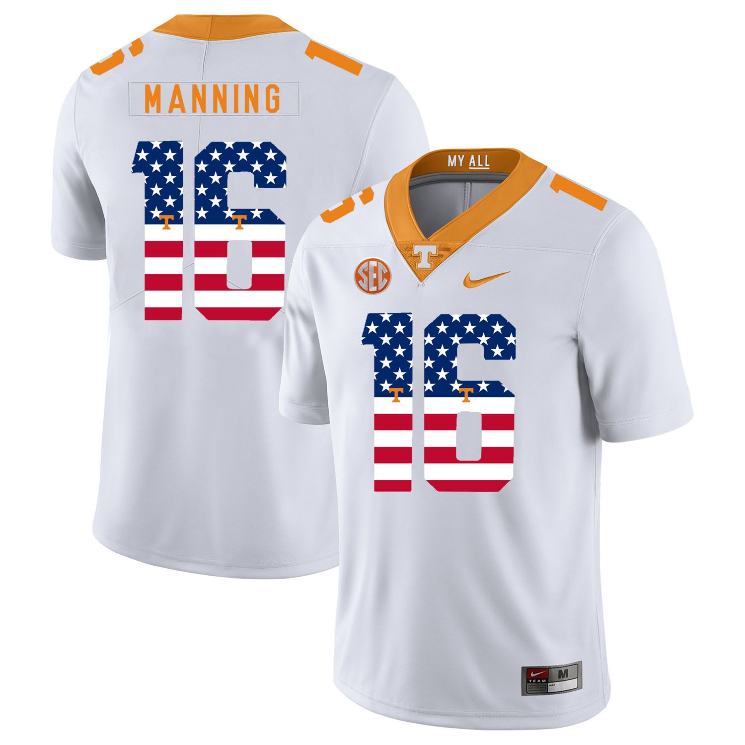 Men Tennessee Volunteers #16 Manning White Flag Customized NCAA Jerseys